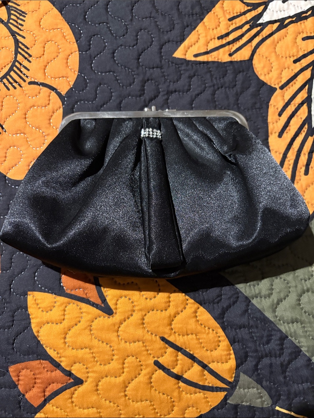 Elegant Black Satin Evening Clutch with Rhinestone Detail